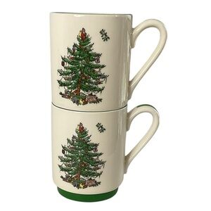 2 Spode Christmas Tree Mugs Green Rim Footed Holiday Cups 12 oz Stoneware
